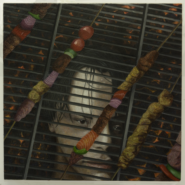 'Condemned to Grill' oil and acrylic on canvas, 75 x 75cm